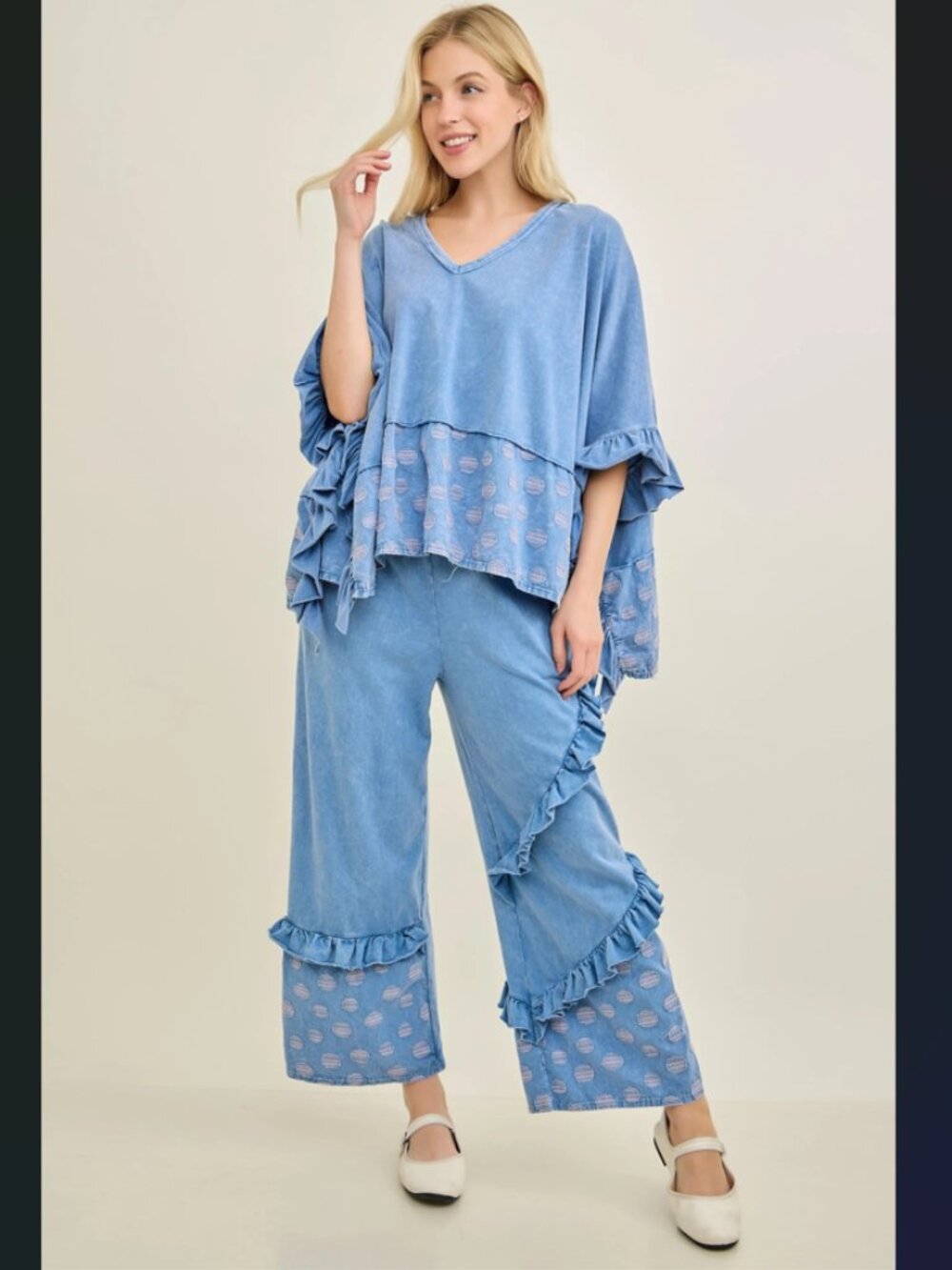 NEW ARRIVAL!  J9 J. Her Denim Blue Polka Dot Ruffle Pants and Poncho Top Set